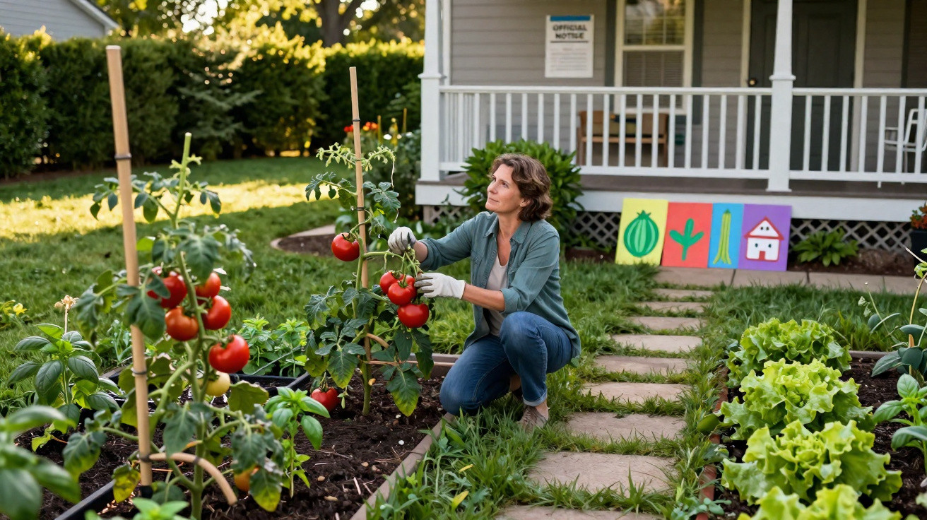 Mulher a colher tomates maduros em jardim com várias plantas junto a casa branca com varanda.