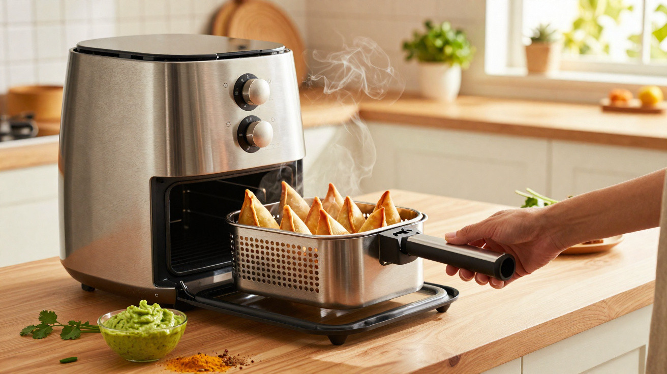 Mão a retirar cesto de forno elétrico com pastéis fumegantes numa cozinha iluminada.
