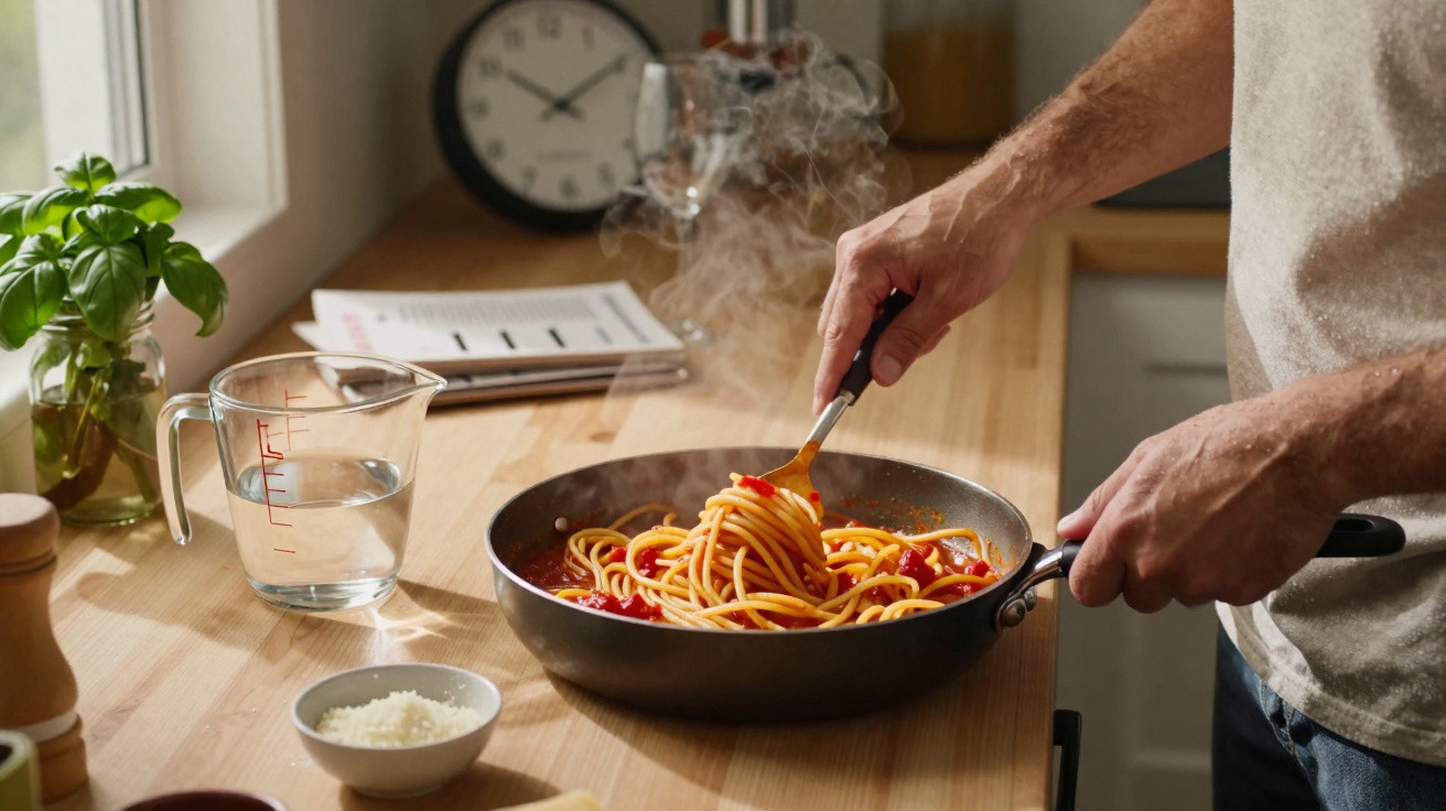 Pessoa a mexer esparguete com molho de tomate numa frigideira numa cozinha com luz natural.
