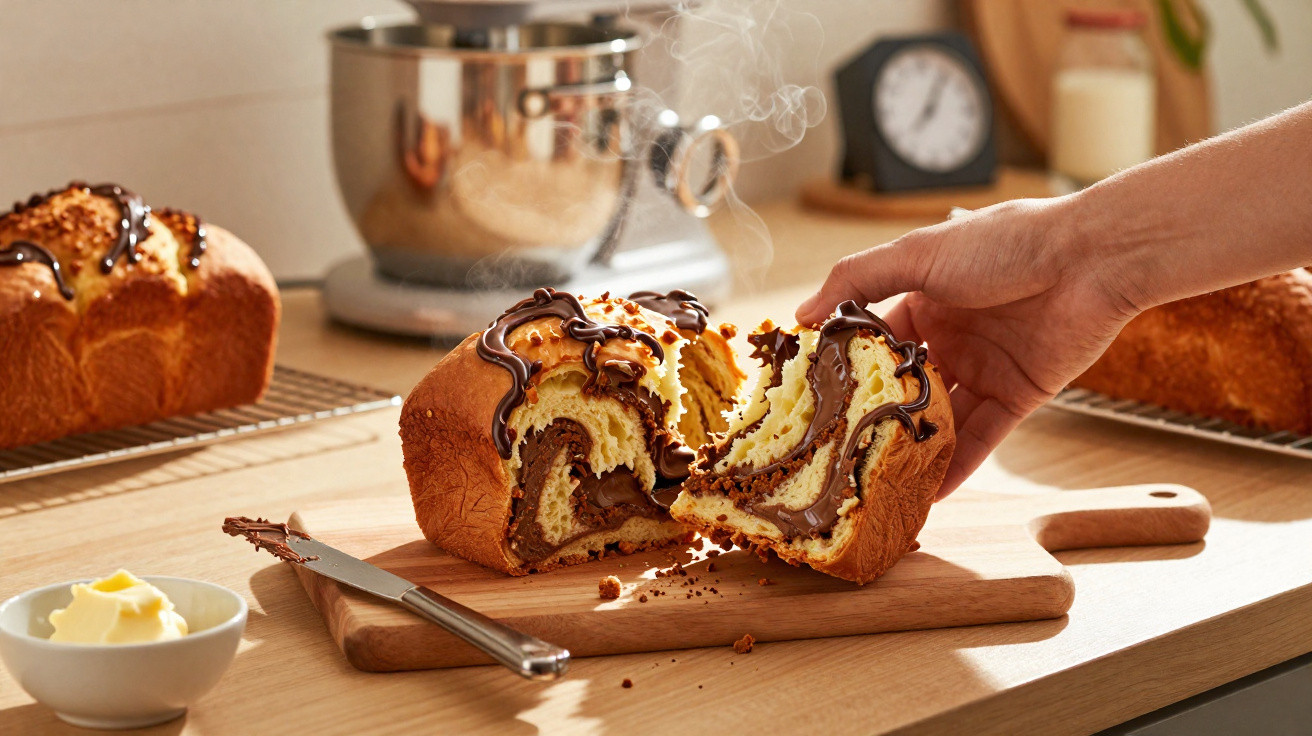 Pão doce partido ao meio com recheio e cobertura de chocolate, mão a segurá-lo numa tábua de madeira.