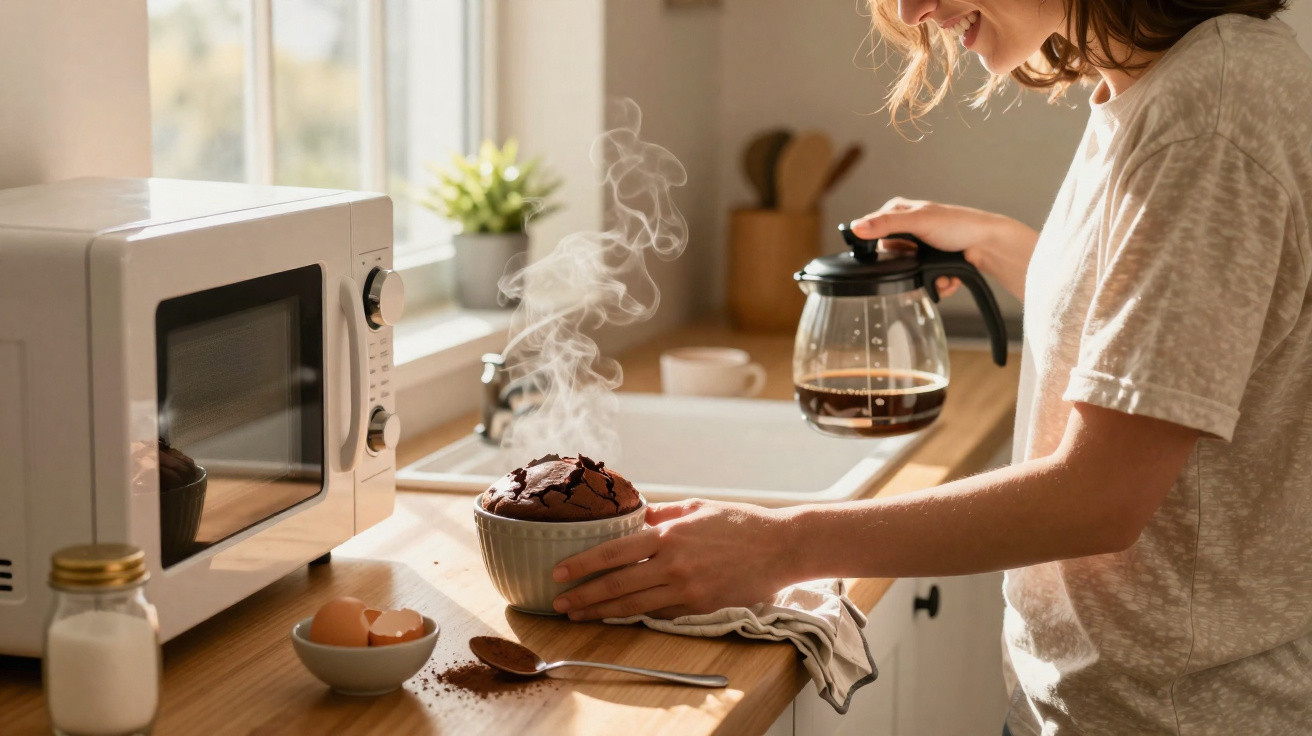 Mulher sorridente serve café próximo de cupcake quente numa cozinha iluminada pelo sol.