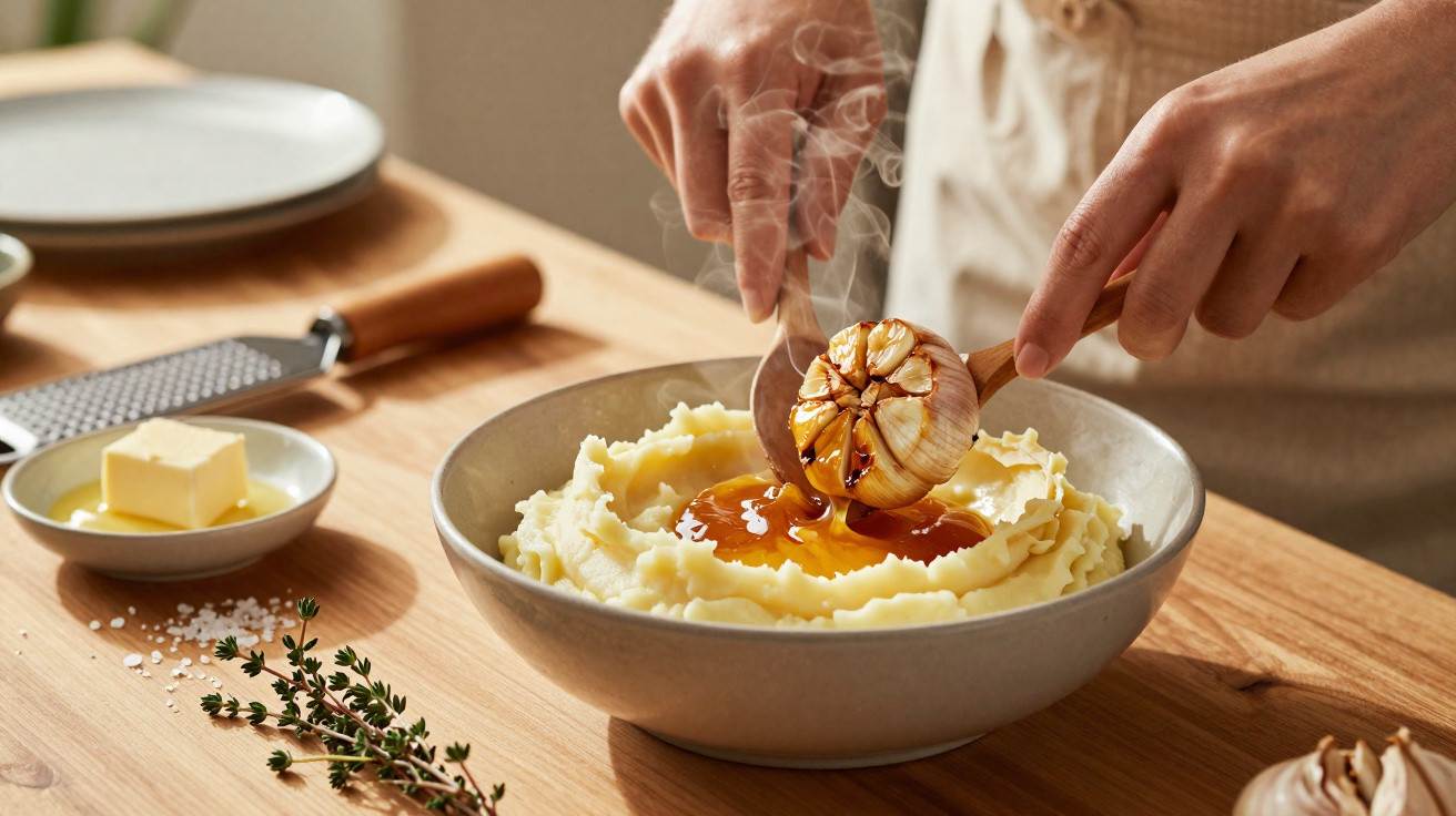 Mãos a colocar alho assado sobre puré de batata numa taça, com manteiga e ervas numa mesa de madeira.