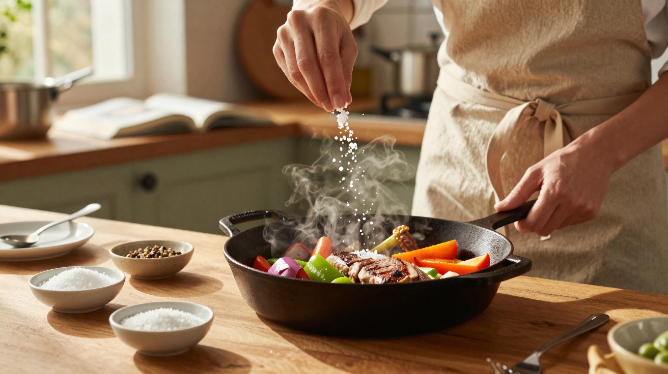 Pessoa a temperar com sal uma frigideira com carne e legumes numa cozinha iluminada.
