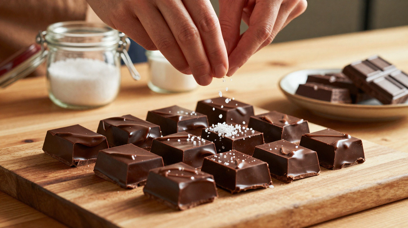 Mãos polvilham sal grosso sobre quadrados de chocolate preto numa tábua de madeira.