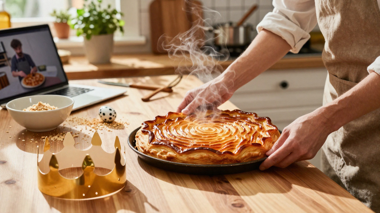 Pessoa a retirar do forno uma tarte quente com padrão em espiral numa cozinha iluminada.