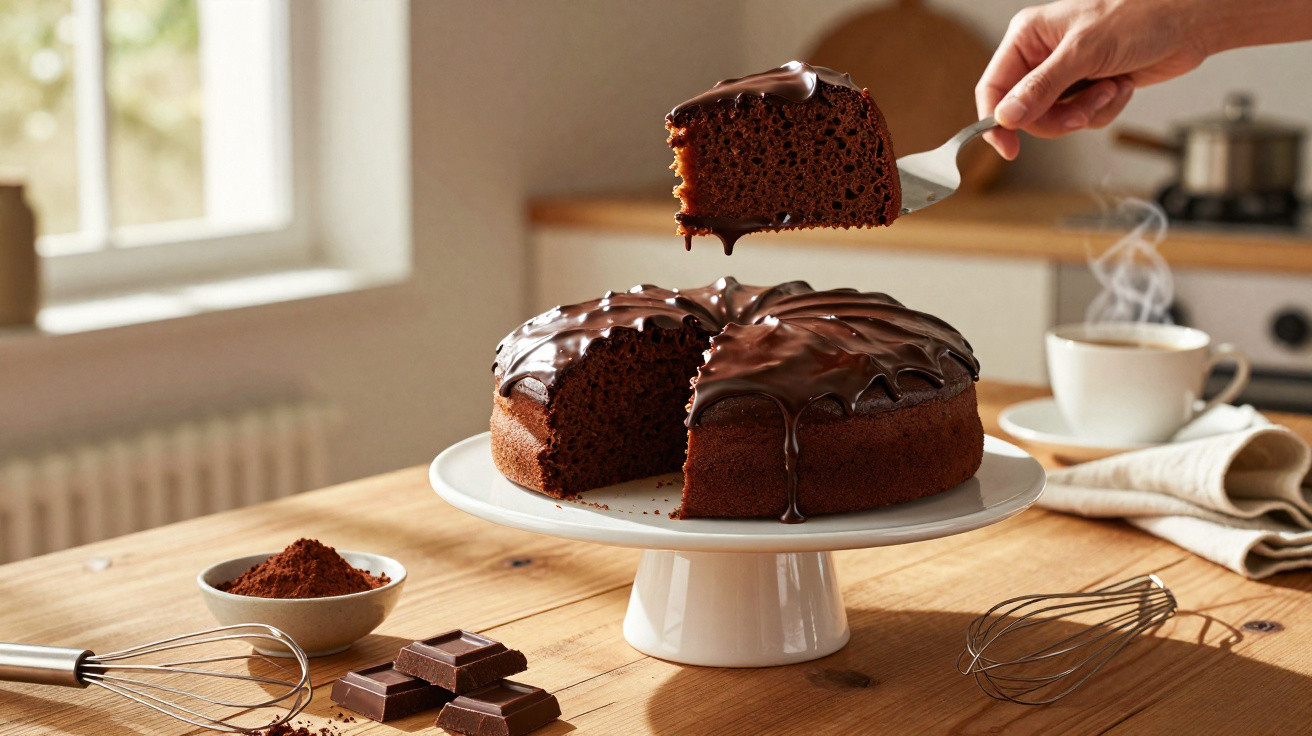 Bolo de chocolate húmido com cobertura de chocolate derretido em prato branco, em cozinha bem iluminada.