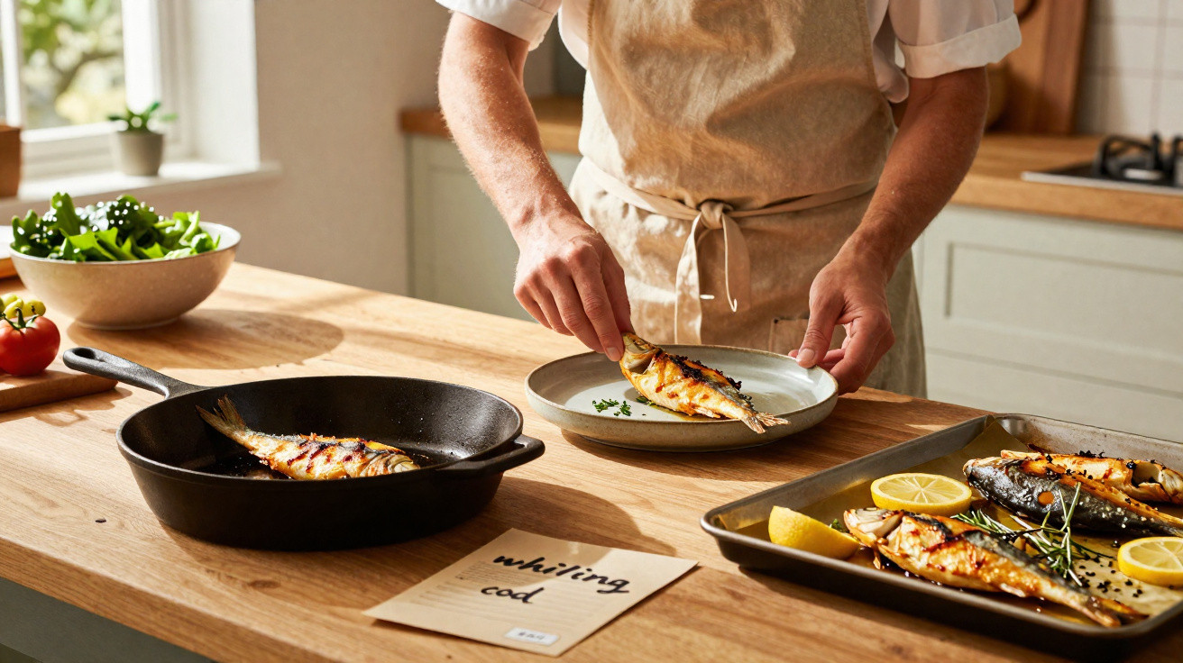 Pessoa a servir peixe grelhado num prato numa cozinha iluminada com alimentos frescos e utensílios.