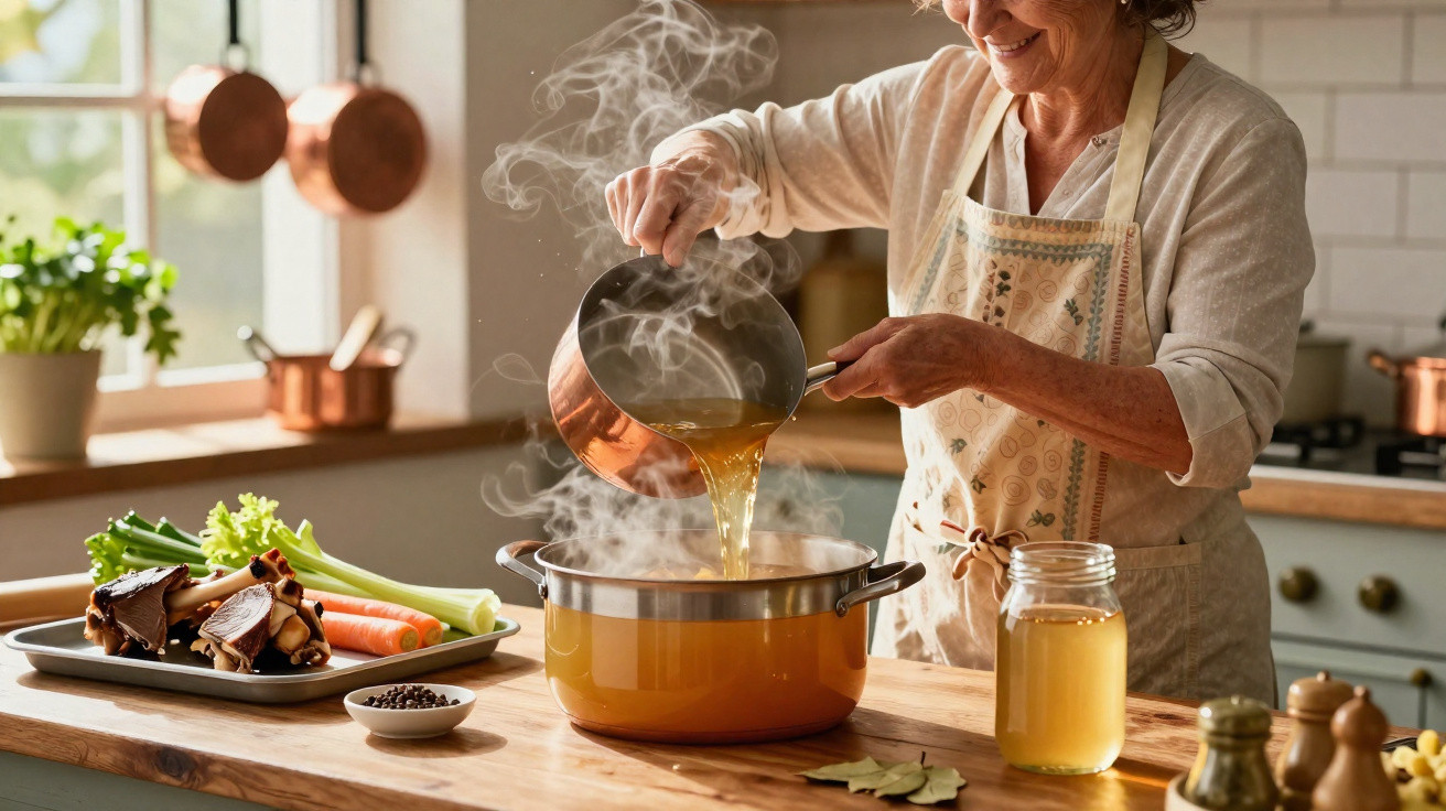 Mulher idosa a cozinhar sopa quente numa panela na cozinha iluminada com legumes e especiarias.