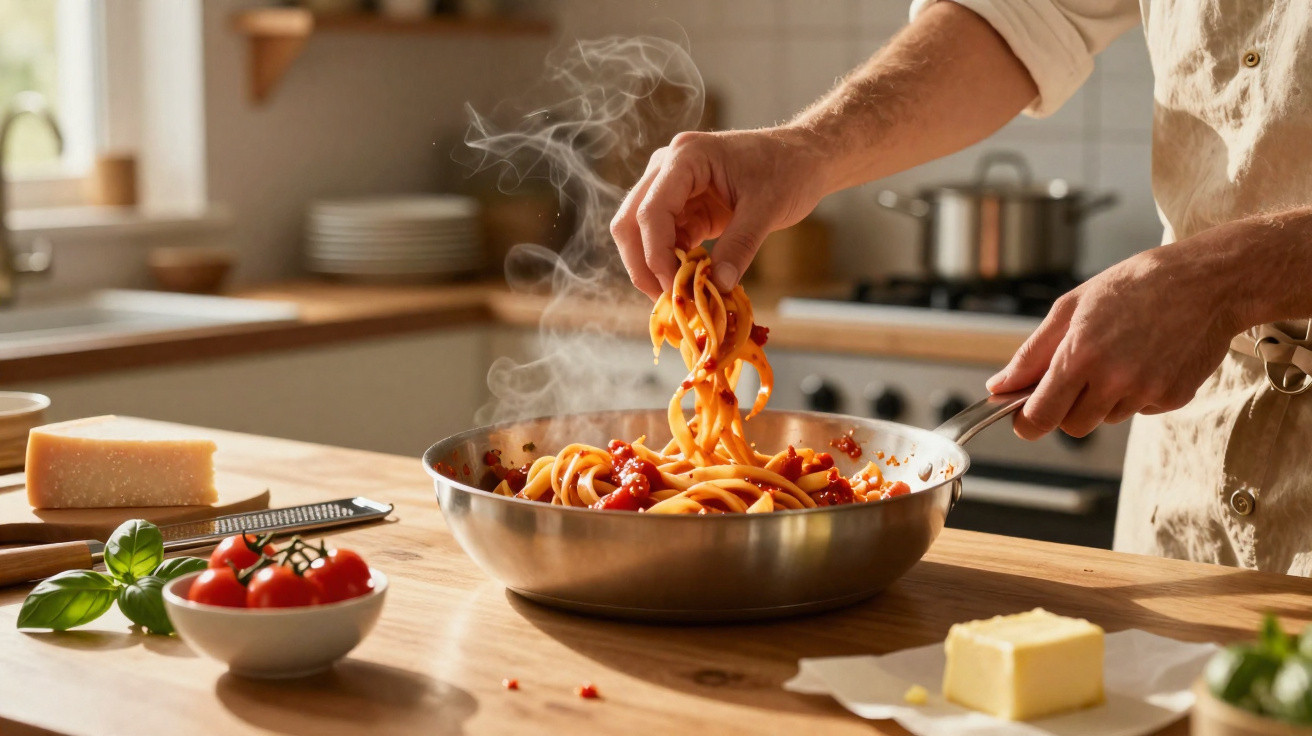 Mão a envolver massa com molho de tomate numa frigideira quente numa cozinha luminosa e acolhedora.