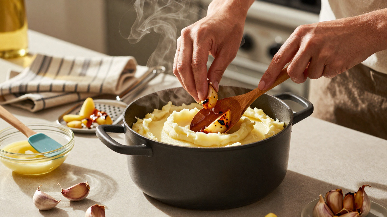 Mãos a acrescentar alhos assados a puré de batata fumegante numa panela preta numa cozinha.