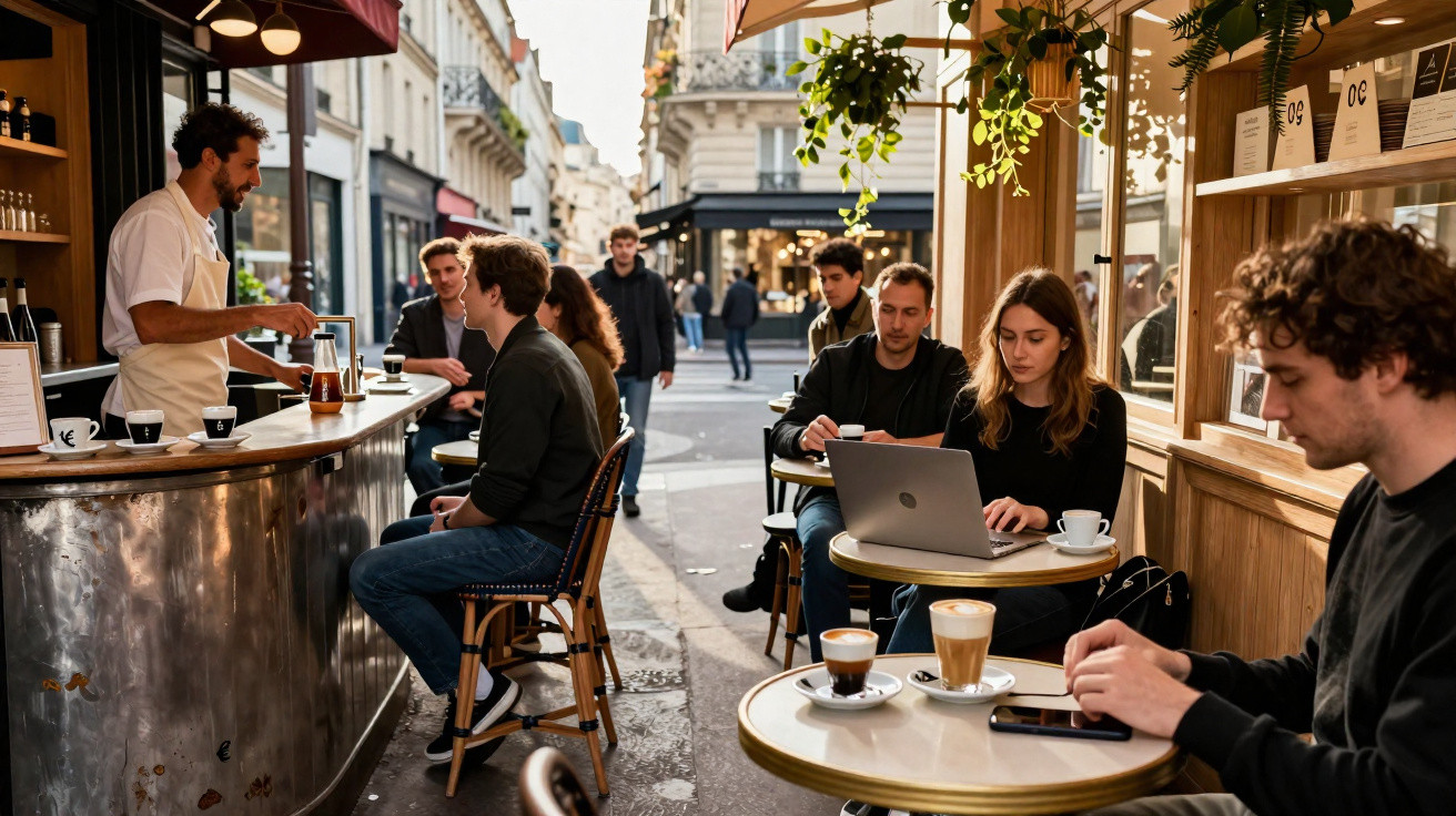 Pessoas sentadas num café ao ar livre numa rua urbana, algumas trabalham em computadores e outras conversam.