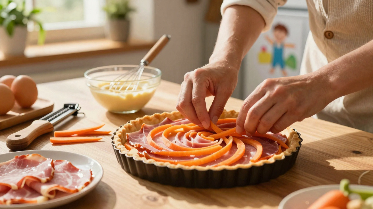 Pessoa a decorar tarte com fatias de cenoura e fiambre numa cozinha bem iluminada.