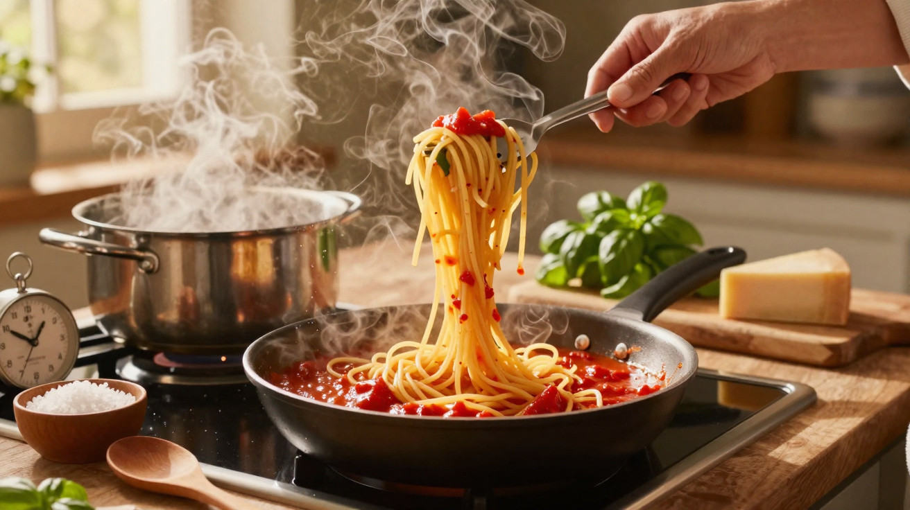 Massa spaghetti a ser levantada com garfo de frigideira com molho de tomate, ao lado de panela a ferver na cozinha.