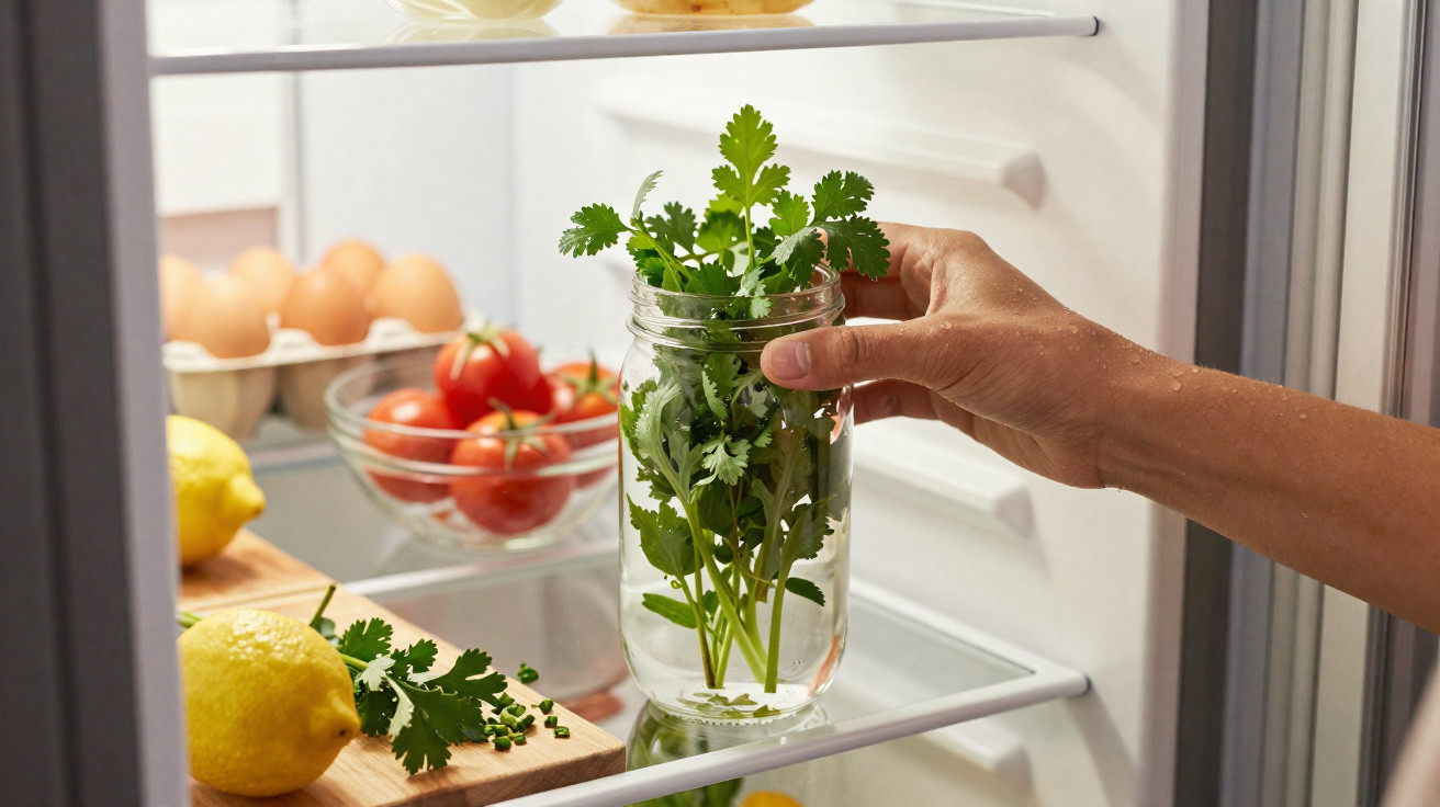 Mão a colocar ramo de coentros em vidro com água na prateleira do frigorífico, com limões e tomates ao fundo.
