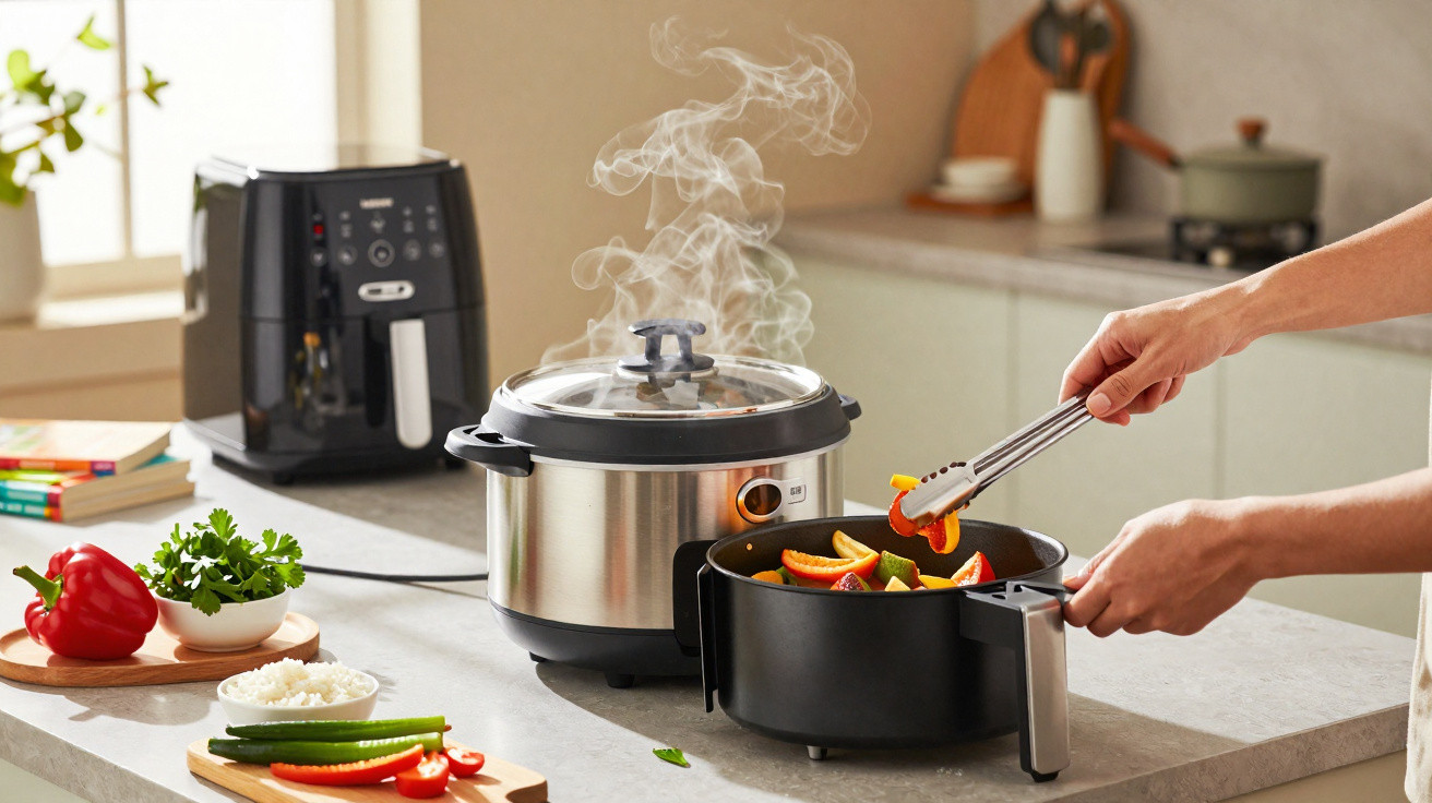 Mãos a cozinhar legumes num ambiente de cozinha com air fryer e panela elétrica a libertar vapor.