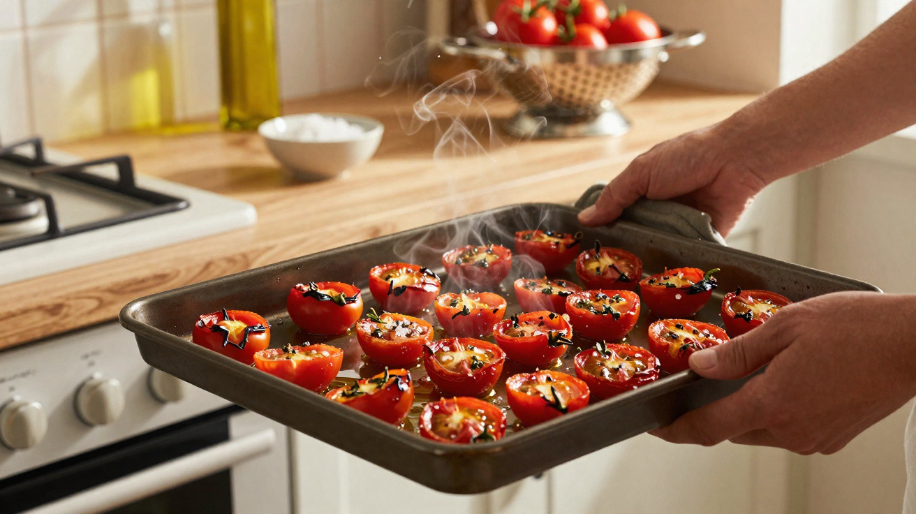 Assadeira com tomates cortados e temperados a fumegar, retirada do forno por duas mãos.