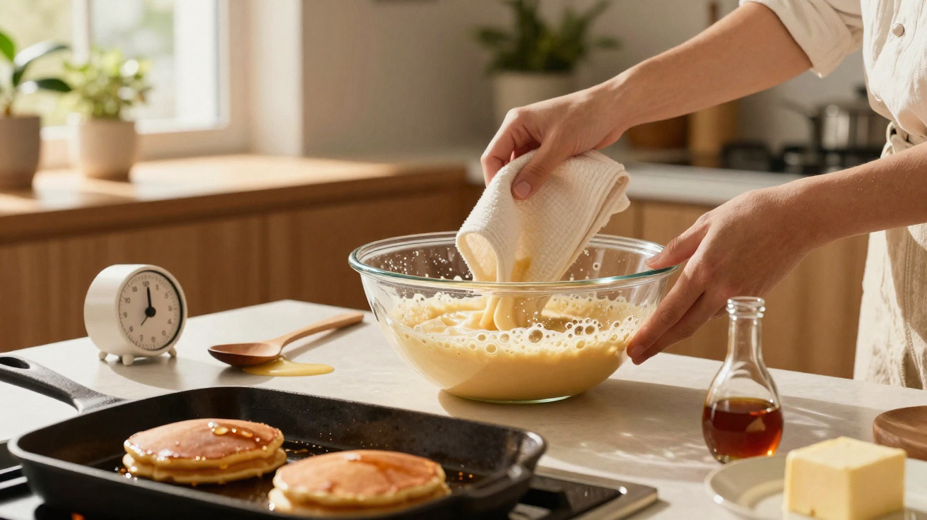 Pessoa a preparar massa para panquecas numa cozinha com panquecas a cozinhar na frigideira preta.