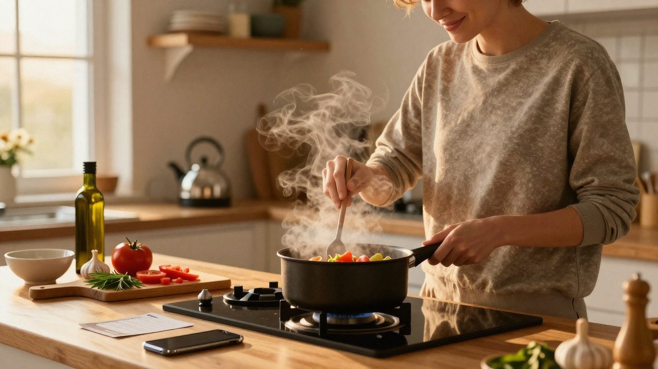 Pessoa a cozinhar legumes numa panela com vapor numa cozinha moderna e iluminada.