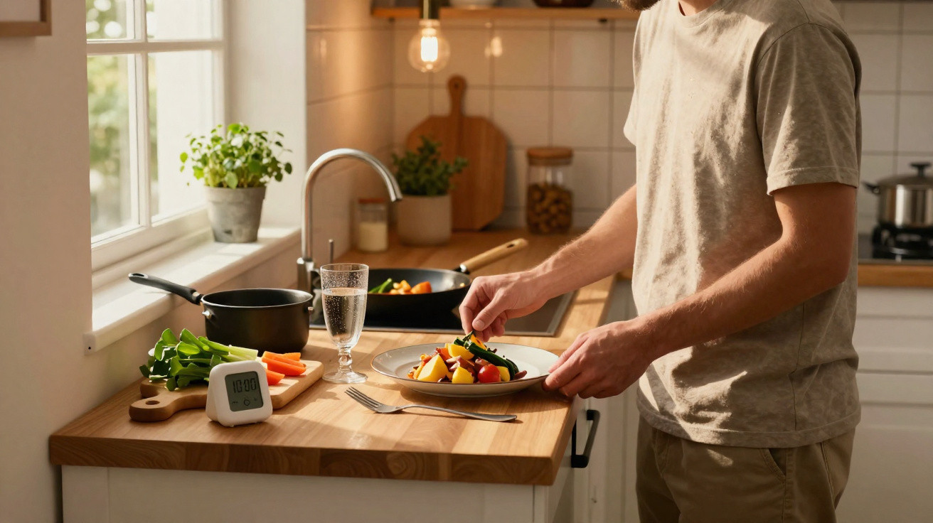 Homem a servir legumes coloridos num prato na cozinha iluminada por janela.