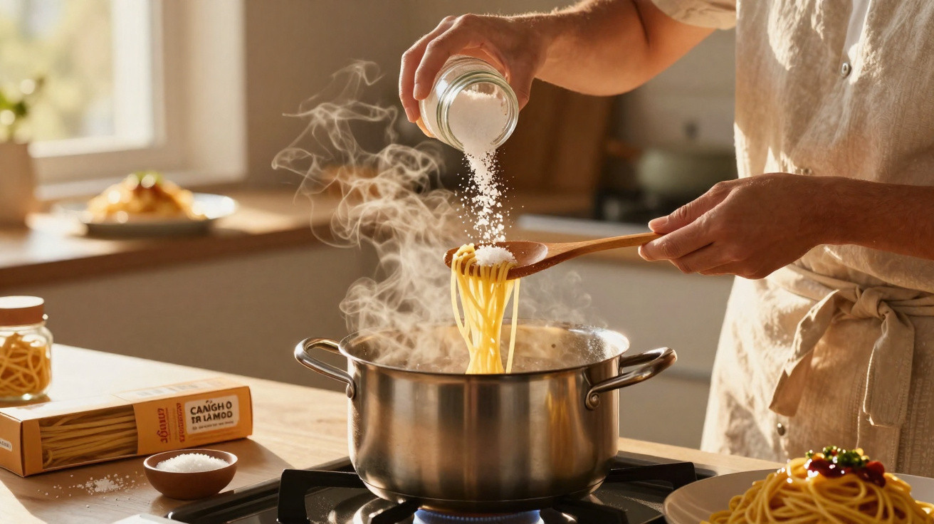 Pessoa a cozinhar esparguete numa panela e a adicionar sal com uma colher de pau numa cozinha iluminada.