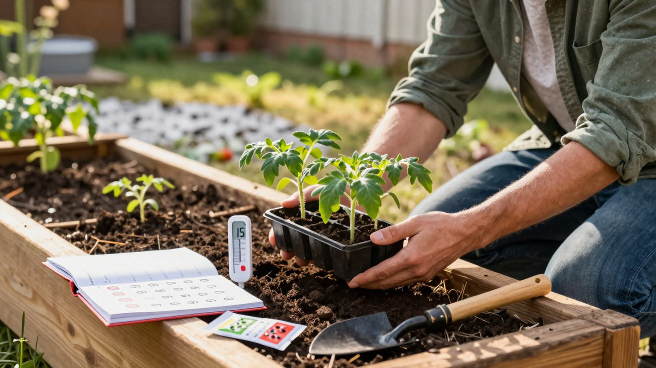 Pessoa a plantar rebentos de tomate numa cama de cultivo com calendário e termómetro ao lado.
