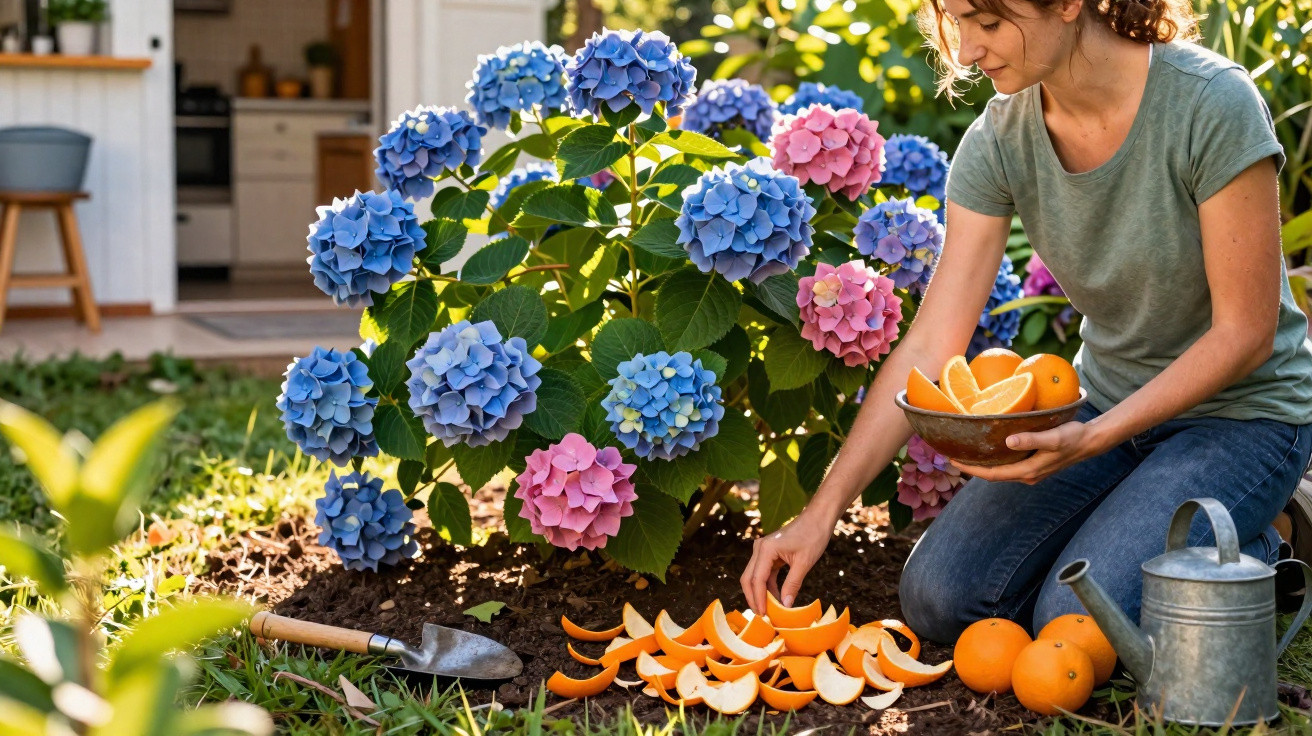 Mulher ao lado de hortênsias azuis e cor-de-rosa, a colocar gomos de laranja no chão do jardim.