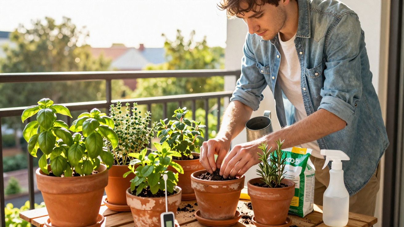 Homem a cuidar de plantas aromáticas em vasos num terraço ao ar livre ao entardecer.