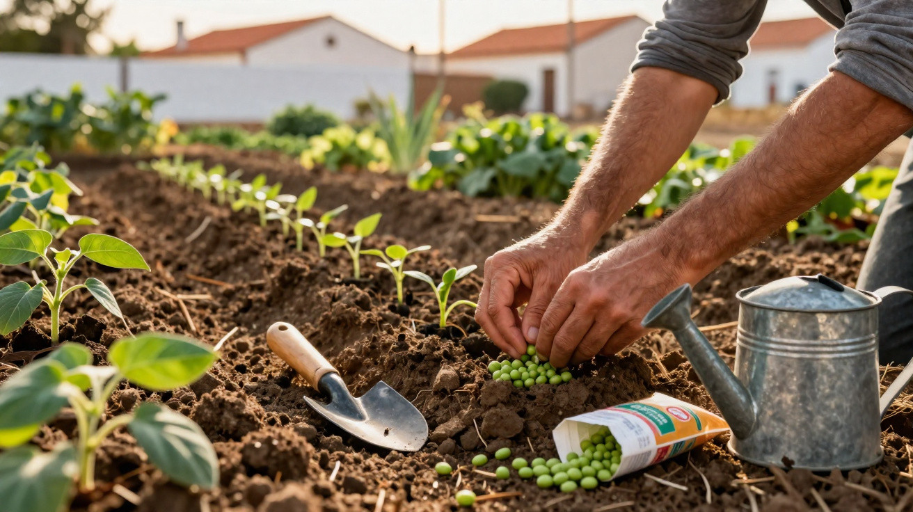 Mãos plantando sementes de ervilha num jardim, com regador e enxada ao lado em solo arado.