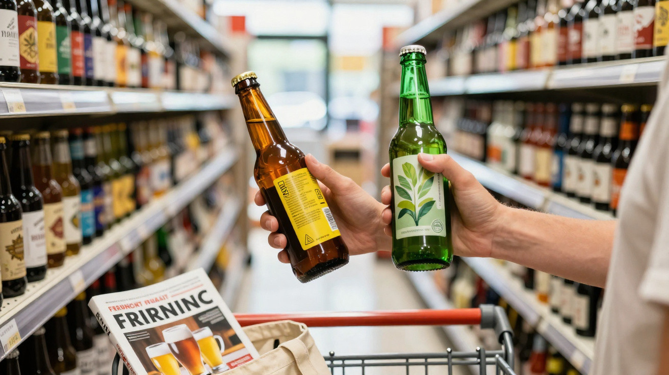 Pessoa a segurar duas garrafas de cerveja numa loja, em corredor rodeado de prateleiras com bebidas.