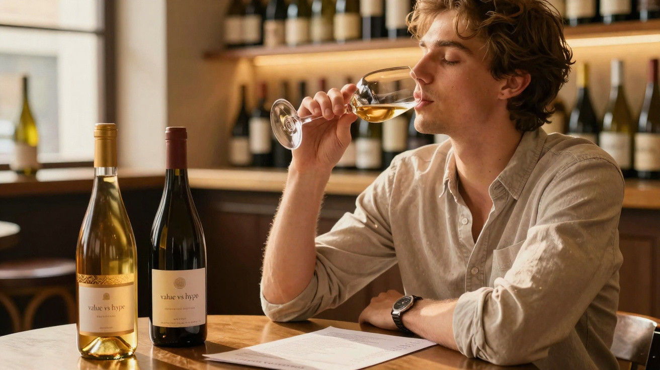 Homem a provar vinho branco numa garrafeira com duas garrafas de vinho em cima da mesa.