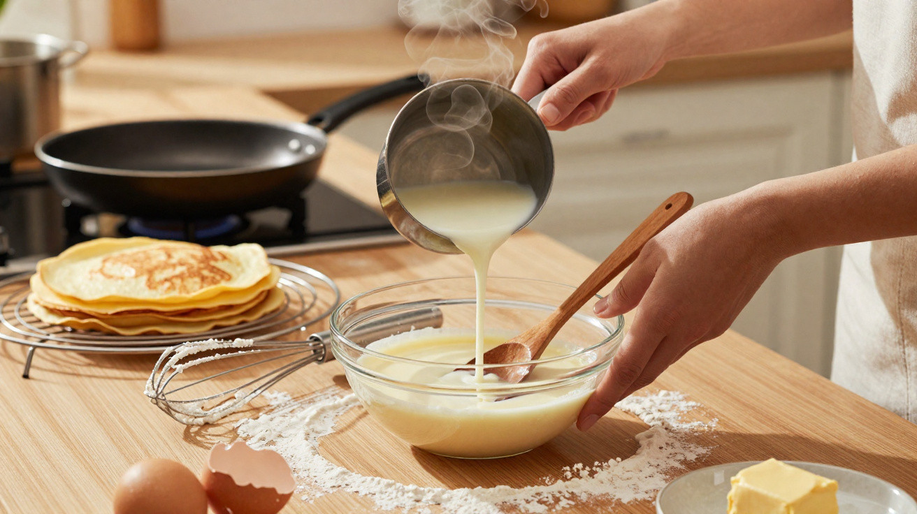 Pessoa a preparar massa para panquecas numa bancada com ingredientes e panquecas já feitas ao fundo.