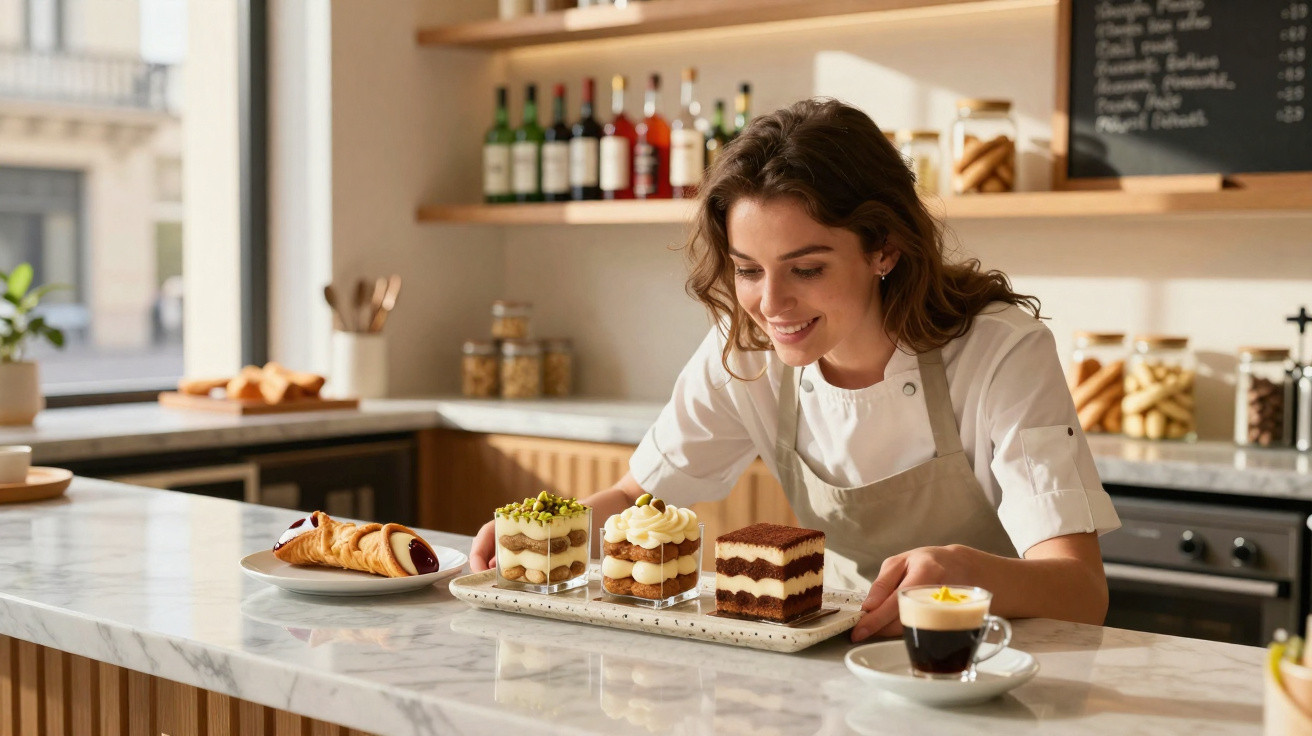 Mulher jovem com avental prepara sobremesas e café num balcão de cozinha luminosa e moderna.