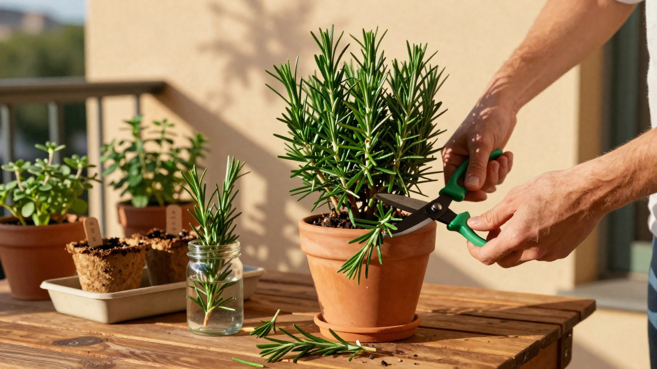 Pessoa a podar um ramo de alecrim numa planta em vaso de barro, com várias plantas em segundo plano.