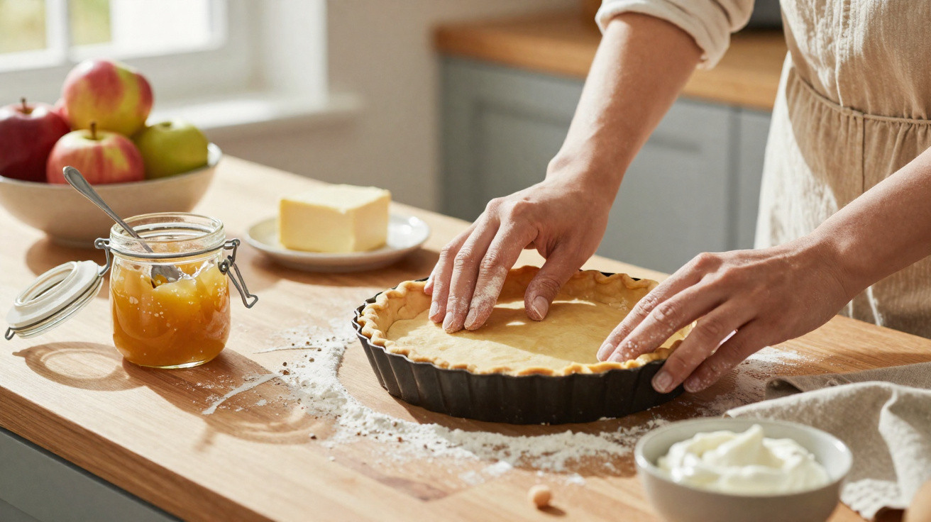 Mãos a fechar a massa de uma tarte numa forma, com ingredientes como manteiga, doce e maçãs ao lado.