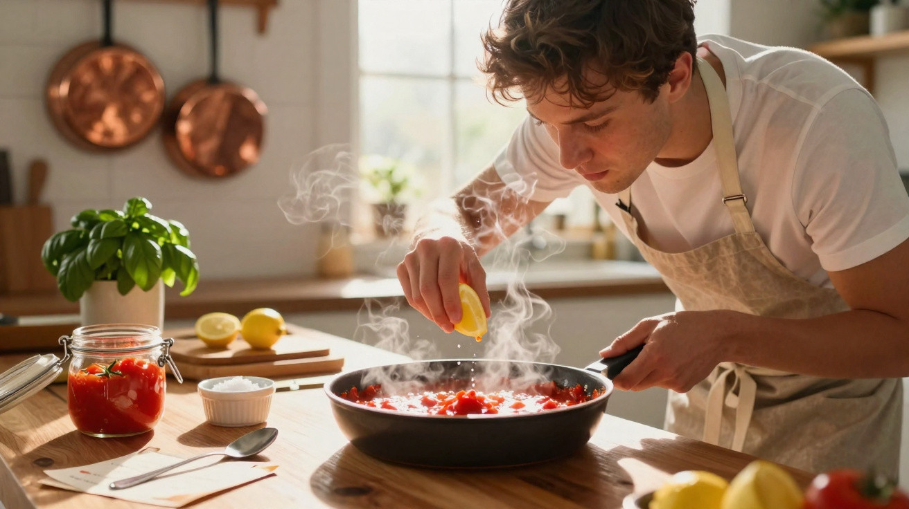 Jovem a espremer limão sobre um prato de molho de tomate fumegante numa cozinha iluminada.