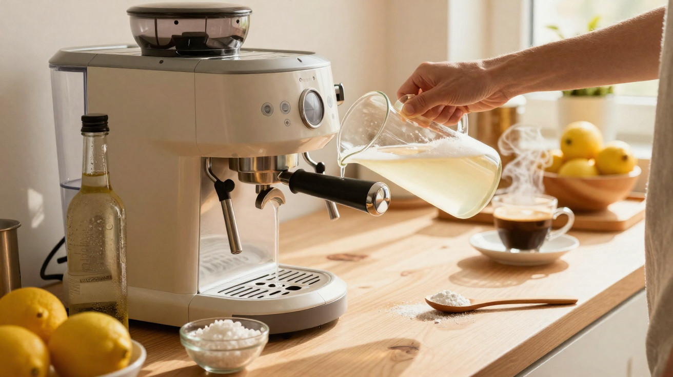 Máquina de café a preparar café com leite numa cozinha iluminada, com limões e ingredientes na bancada.