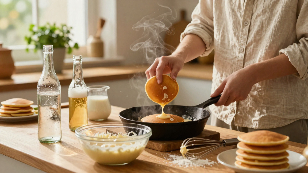 Pessoa a cozinhar panquecas numa frigideira com ingredientes e utensílios numa bancada de madeira.