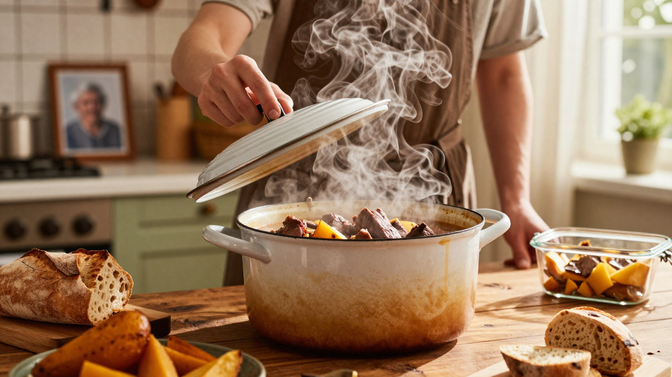 Pessoa a levantar tampa de panela com guisado a libertar vapor numa cozinha caseira.
