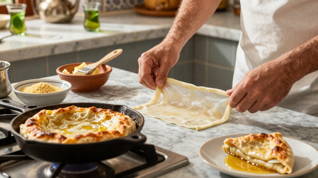 Mãos esticando massa para pão, com pão cozido em frigideira e um prato com pão no balcão da cozinha.