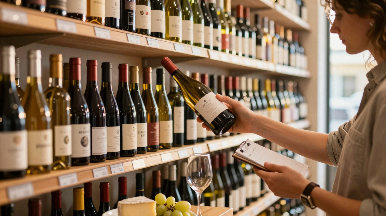 Pessoa a analisar garrafa de vinho numa adega com várias garrafas organizadas em prateleiras.