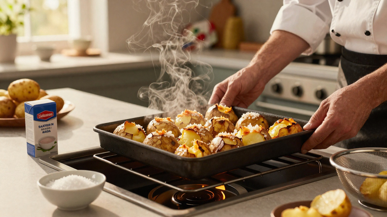 Mãos de cozinheiro a retirar tabuleiro com batatas assadas fumegantes do forno numa cozinha moderna.