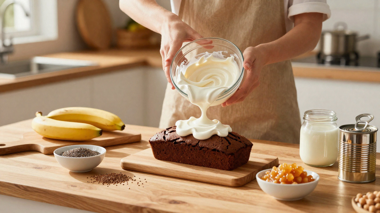 Pessoa a verter creme branco sobre bolo de chocolate, com ingredientes na bancada de madeira numa cozinha.