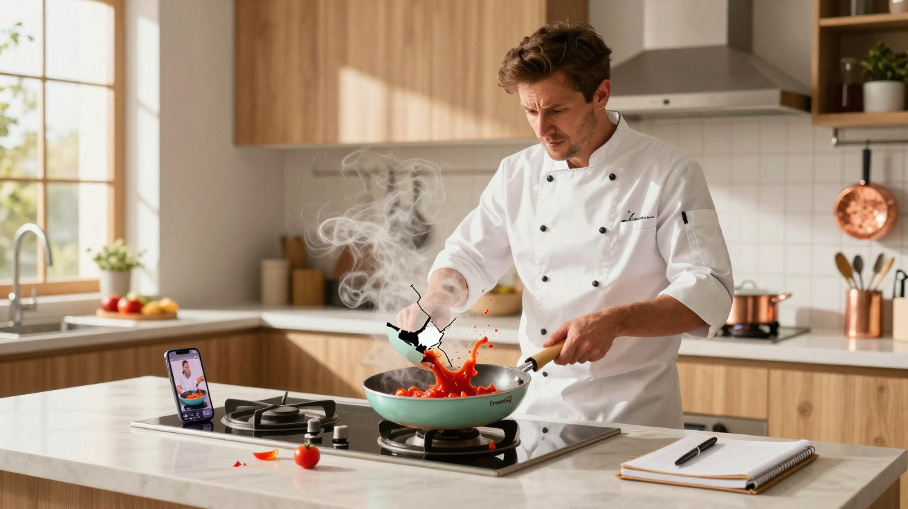 Chef a cozinhar num fogão moderno, com molho vermelho a salpicar numa frigideira.