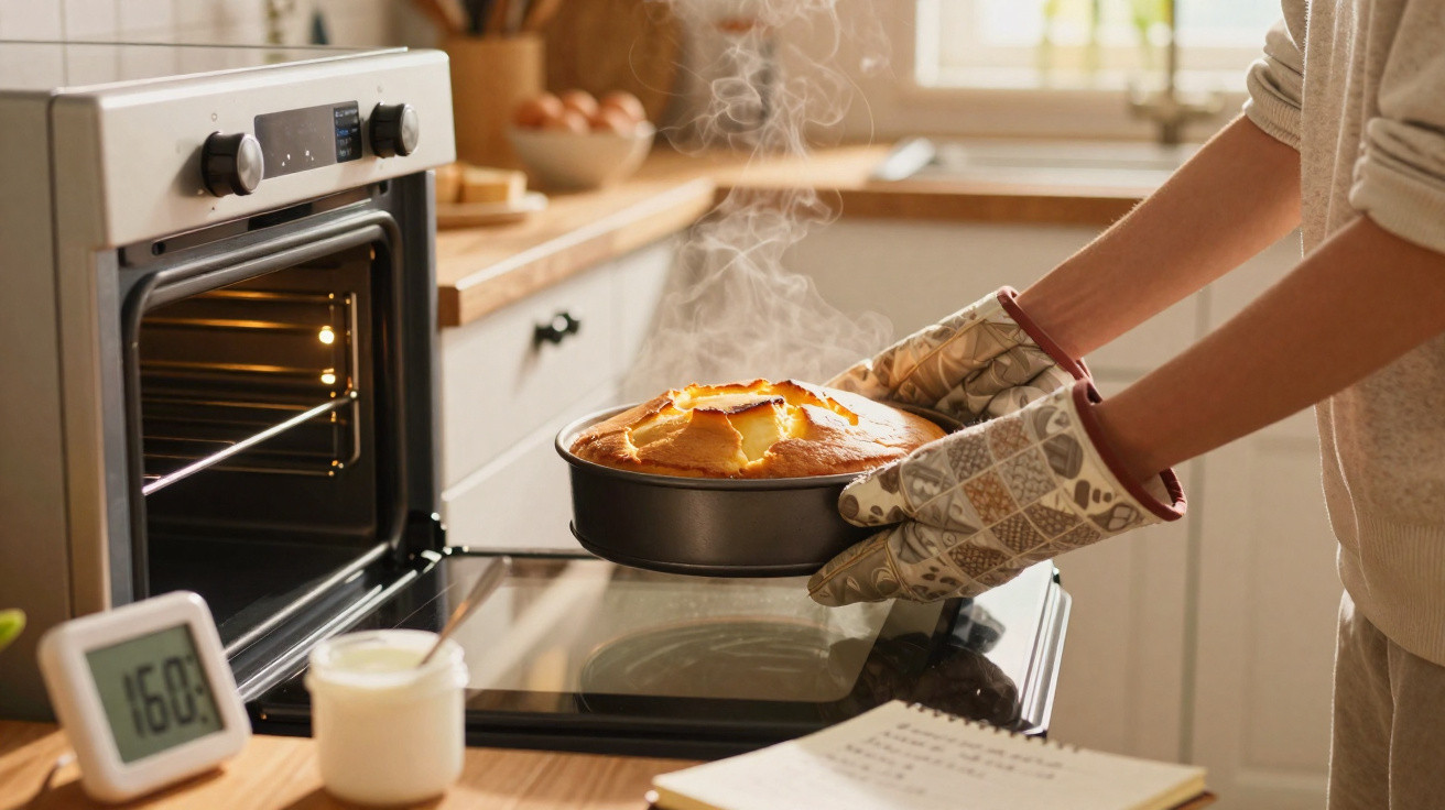 Pessoa com luvas de forno a retirar bolo quente e fumegante do forno numa cozinha iluminada.