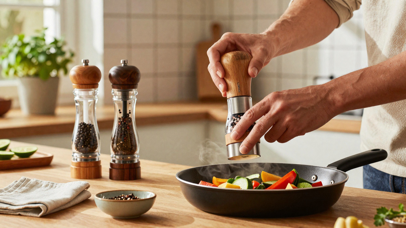 Mãos a moer pimenta sobre legumes coloridos numa frigideira numa cozinha luminosa e moderna.