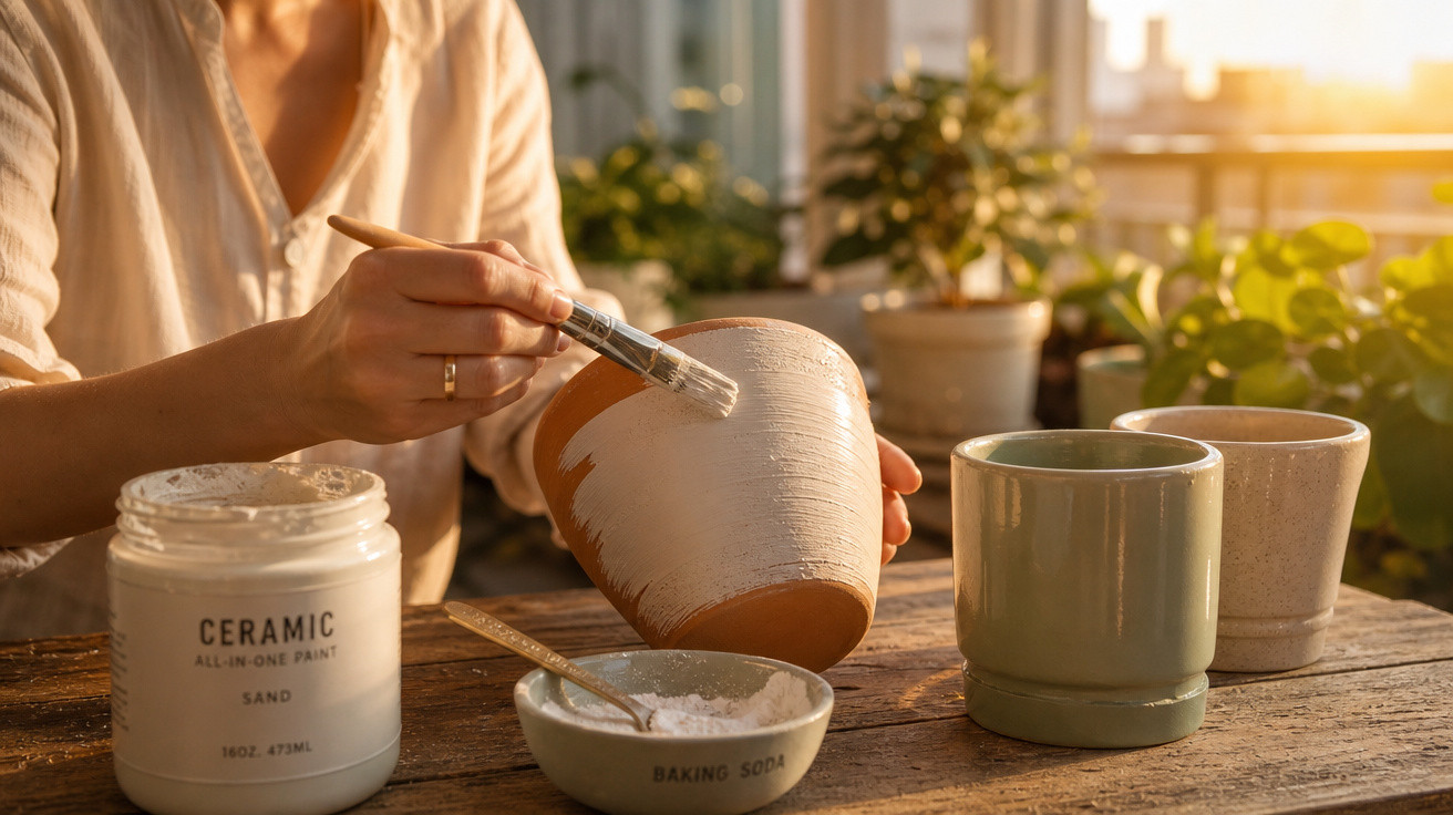 Pessoa a pintar um vaso de barro com tinta branca num ambiente com luz natural e plantas.
