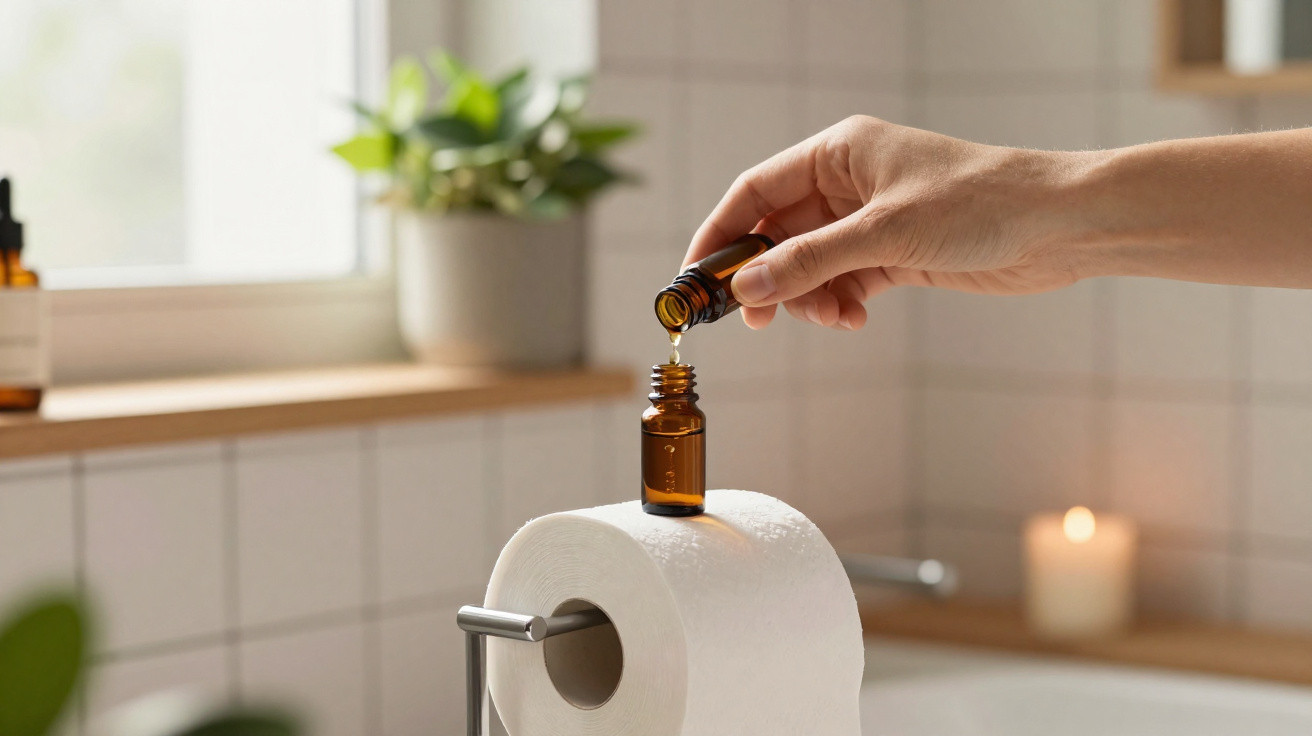 Mão a colocar gotas de óleo essencial em frasco sobre rolo de papel higiénico num ambiente de casa de banho.
