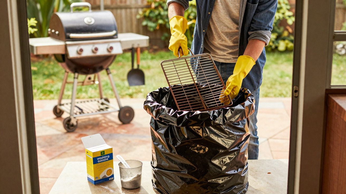 Pessoa a limpar e deitar grelha de barbecue usada para um saco de lixo no exterior da casa.