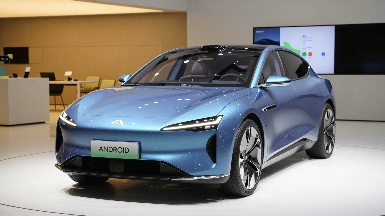 Carro elétrico azul metálico com design moderno em exposição interior, chapa com a palavra "ANDROID".