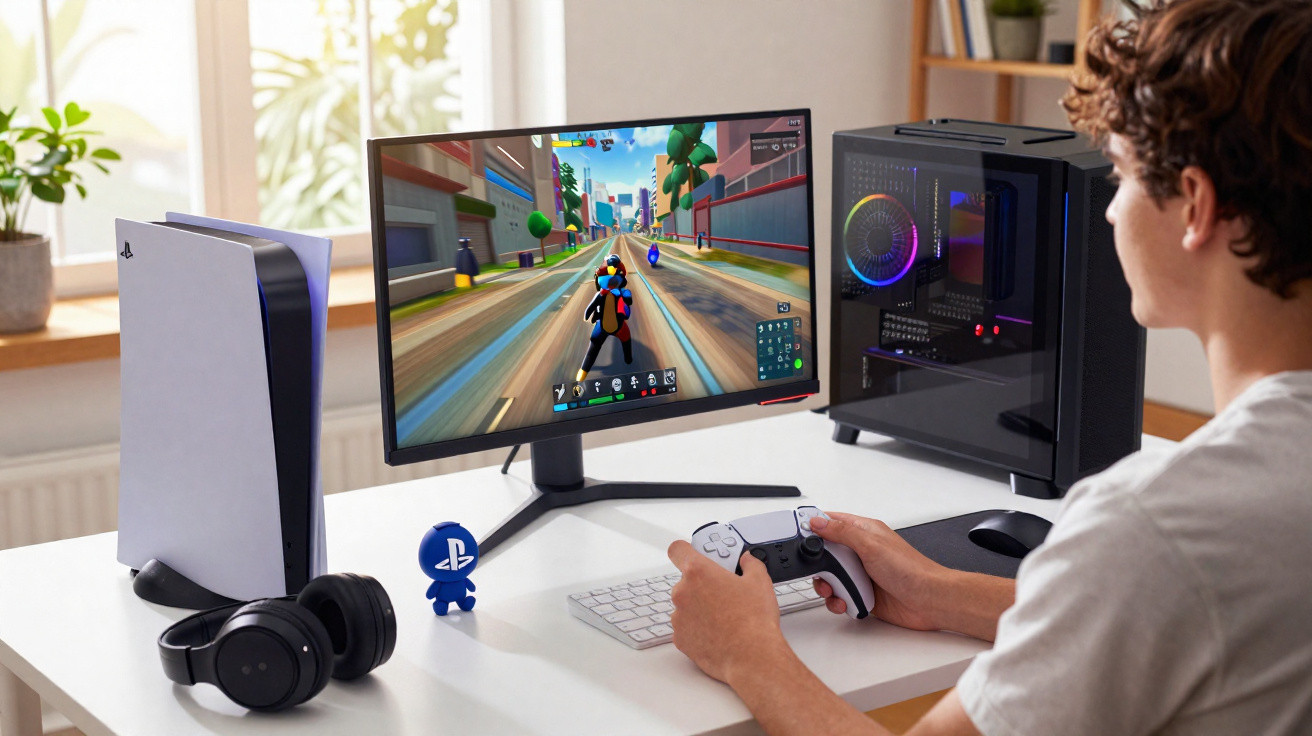 Jovem a jogar videojogo de corrida num computador com equipamento gaming e consola PlayStation 5 em cima da mesa.